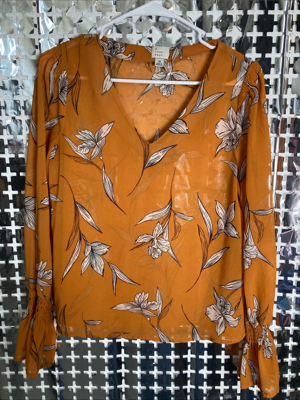 a new day Mustard Floral V-Neck Long Sleeve Blouse